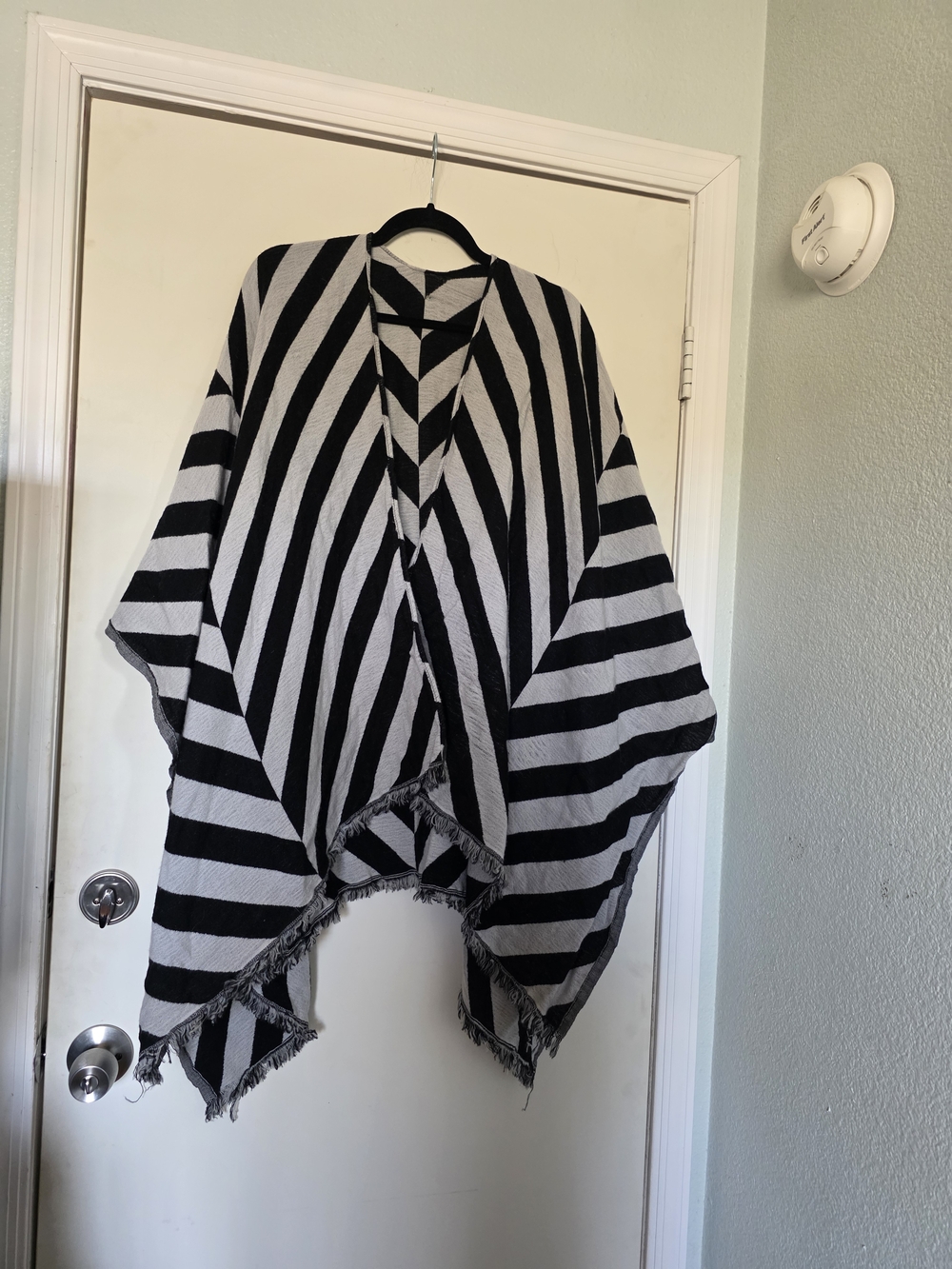 lululemon athletica Black and Gray Striped Fringe Wool Poncho